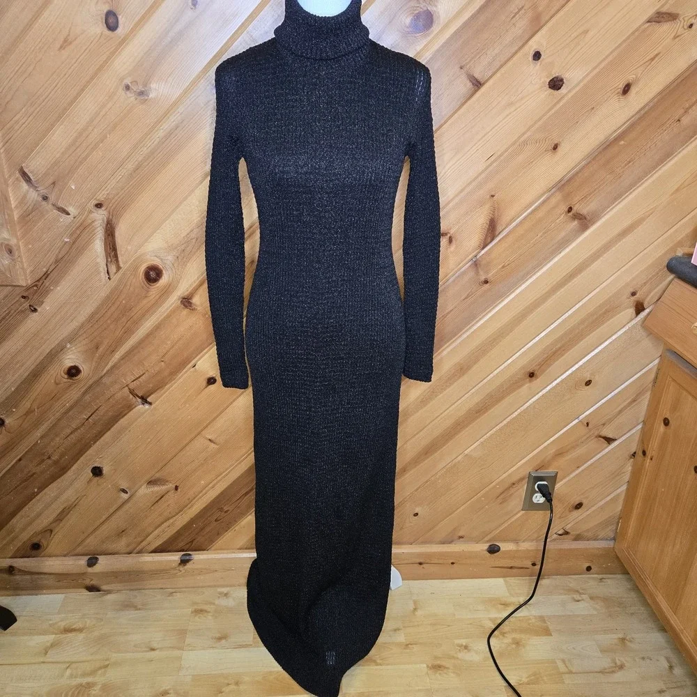 Vtg ARBE Imports 100%‎ Metallic Full Length Turtle Neck Dress Womens 10 Stretch